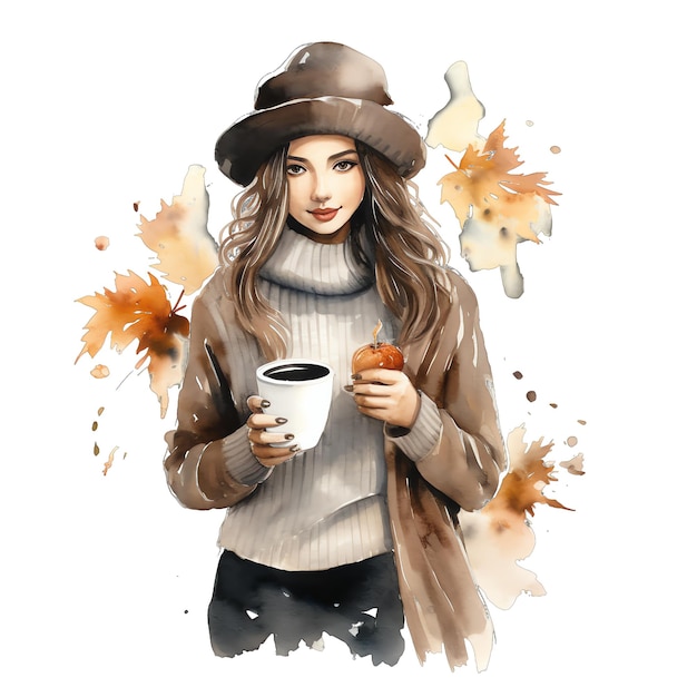 Leuke aquarel herfst herfst vrouw met bladeren en koffie illustratie