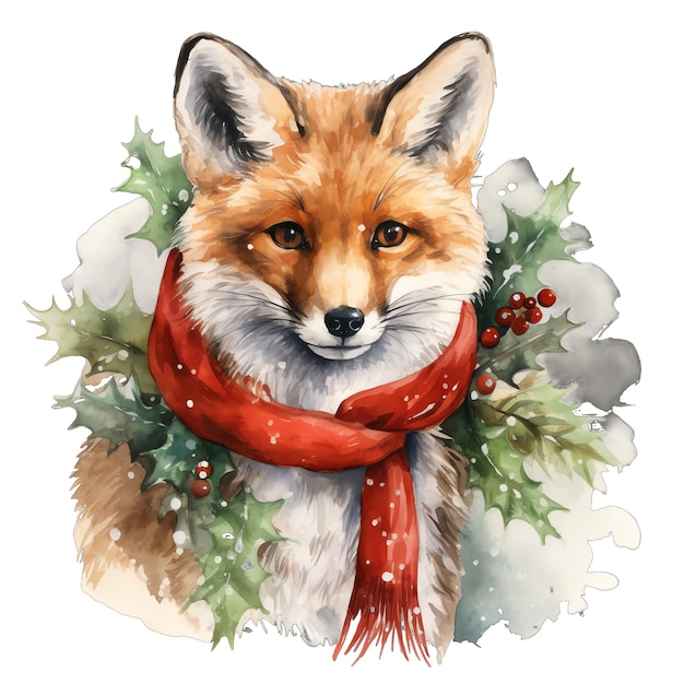 Leuke aquarel kerst vos met kerstboom illustratie voor kerstmis