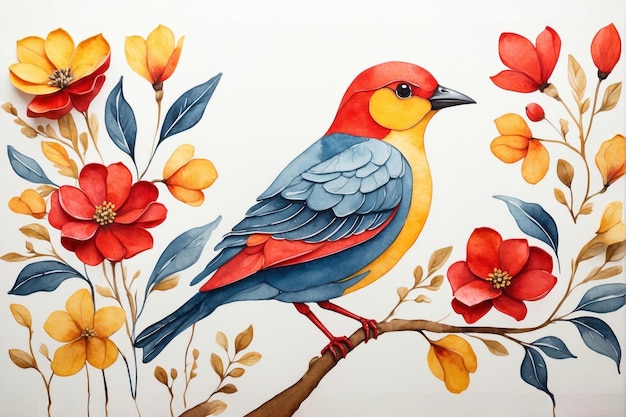 Leuke aquarel kleurrijke vogel op de tak van bloemen AI gegenereerd