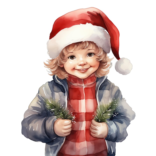 Leuke aquarel leuke kleine jongen met kersthoed illustratie voor kerstmis