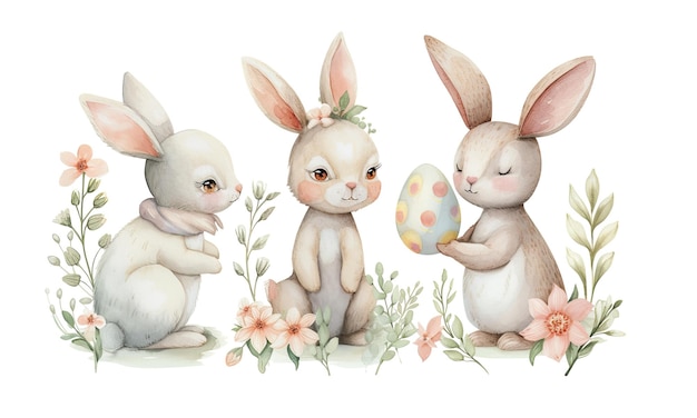 Leuke aquarel paas leuke konijn met eieren en pastel schoonheid bloemen geïsoleerd op doorzichtig