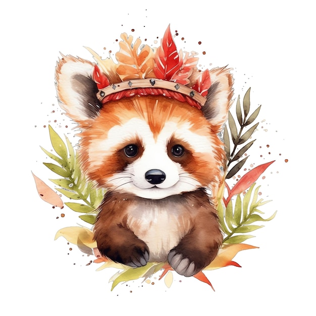 Leuke aquarel rode panda met bloemen en boho planten illustratie