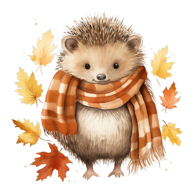 Leuke aquarel schattige egel met sjaal in herfst herfst tijd illustratie