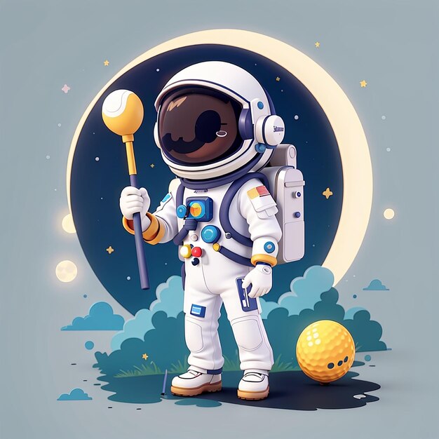 Leuke astronaut die golf speelt maan cartoon vector icoon illustratie wetenschap sport icoon geïsoleerde flat