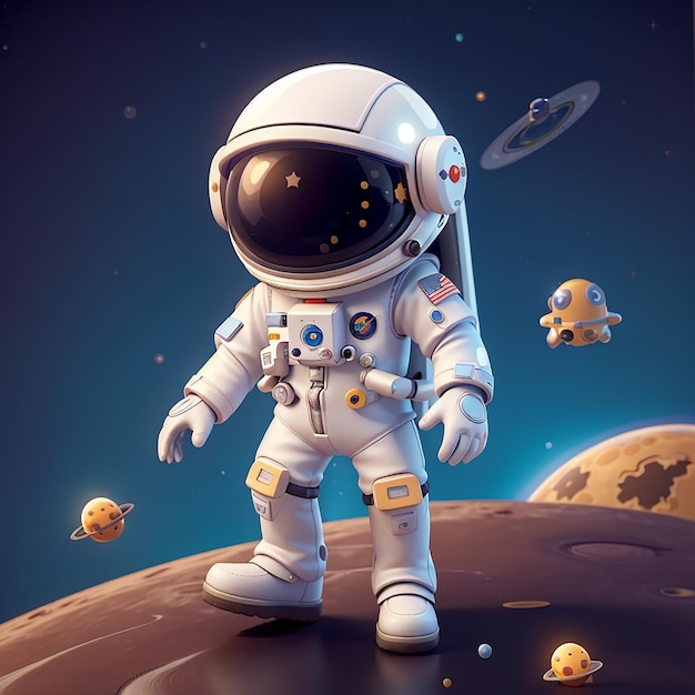 Leuke astronaut drijvend met planeet en maan Cartoon Vector Icon Illustratie Wetenschap Technologie Icon Concept Geïsoleerd Premium Vector Flat Cartoon Style
