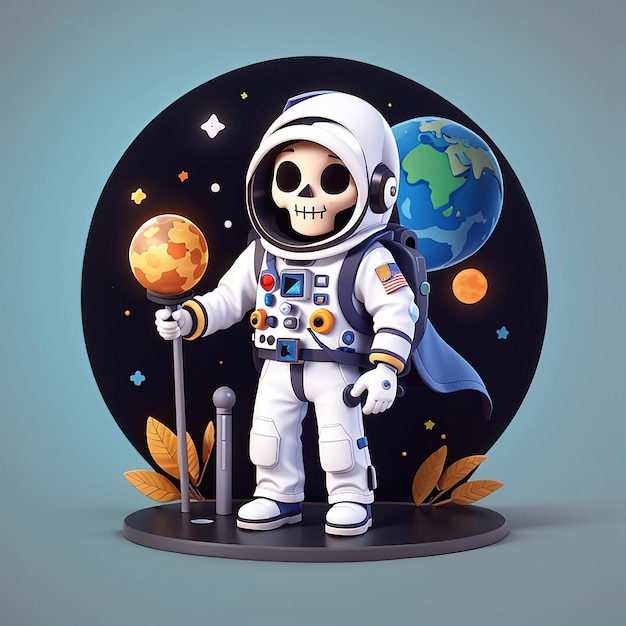 Leuke astronaut Grim Reaper met planeet Cartoon Vector Icon Illustratie Wetenschap Holiday Icon Concept Geïsoleerd Premium Vector Flat Cartoon Stijl