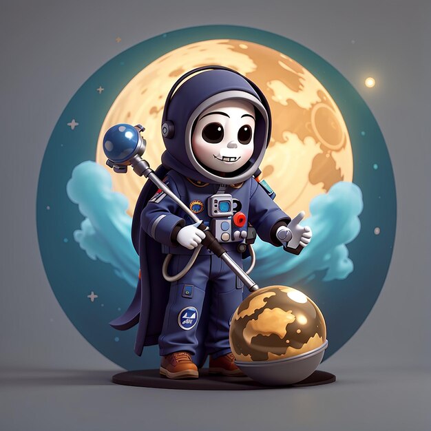Leuke astronaut grim reaper met planeet cartoon vector icoon illustratie wetenschap vakantie geïsoleerd
