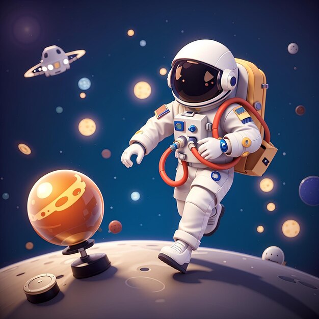 Leuke astronaut loopt in de ruimte cartoon vector icoon illustratie wetenschap technologie geïsoleerd fla