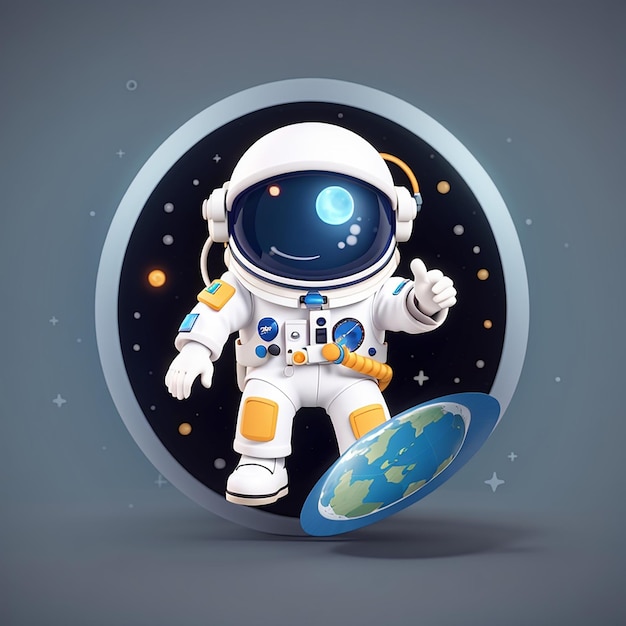 Leuke astronaut met een ruimtevaartbord op aarde cartoon vector icoon illustratie wetenschap technologie