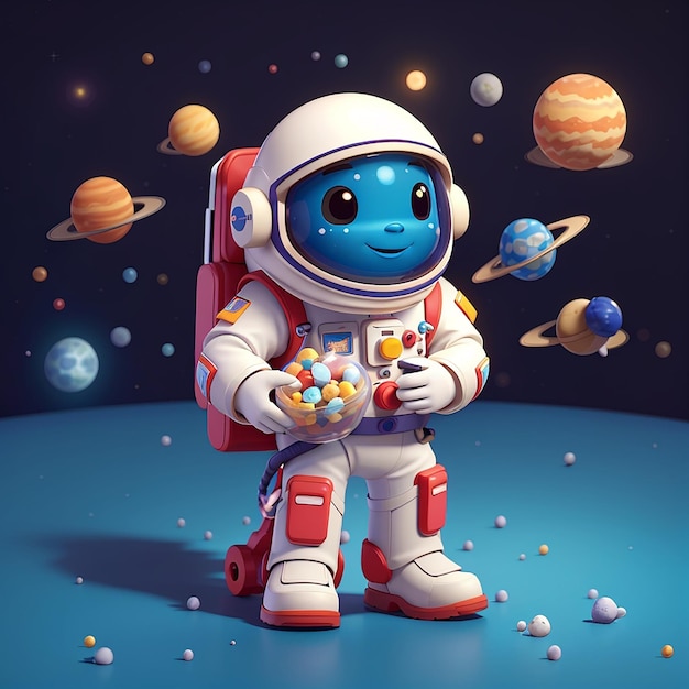 Leuke astronaut met planeet Candy Bowl Cartoon Vector Icon Illustratie Technologie Food Icon Concept Geïsoleerd Premium Vector Flat Cartoon Style