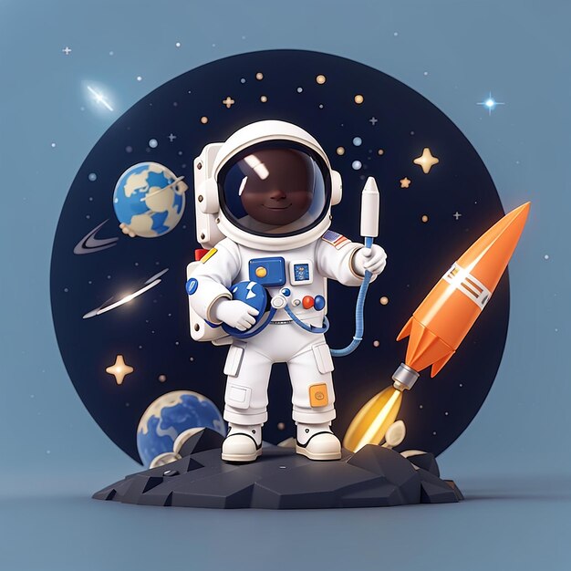 Leuke astronaut met raketvlag op de maan in de ruimte cartoon vector icon illustratie science techno