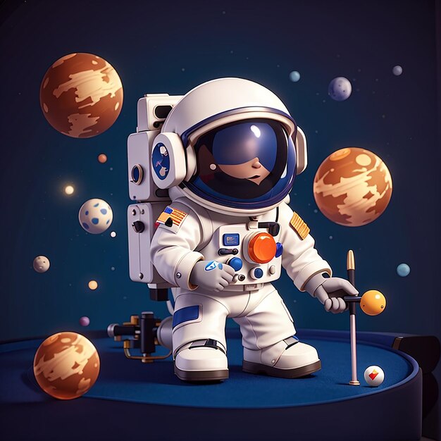 Leuke astronaut speelt biljart in de ruimte cartoon vector icoon illustratie wetenschap sport geïsoleerd