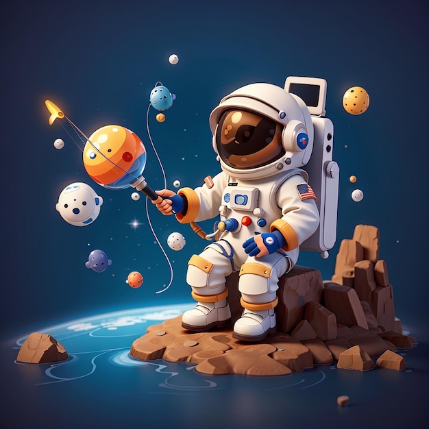 Leuke astronaut vissen ruimte op planeet cartoon vector icoon illustratie wetenschap technologie geïsoleerd