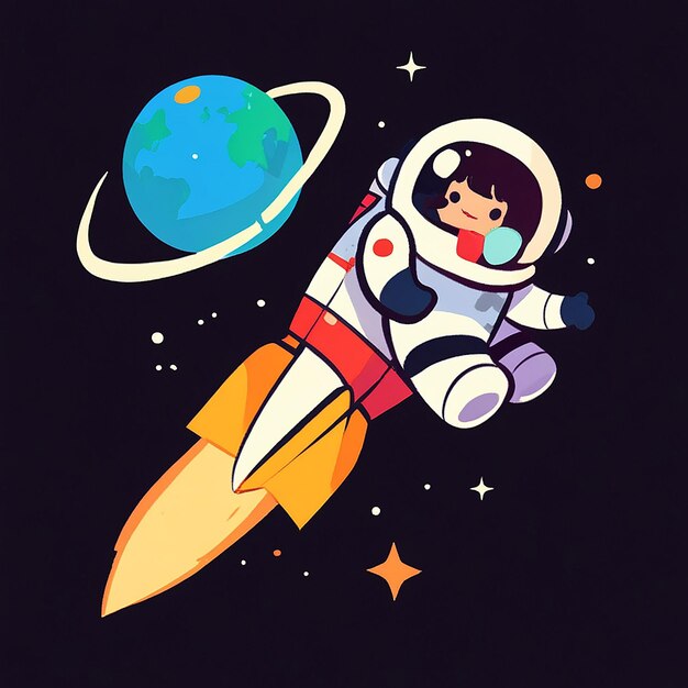 Foto leuke astronaut vliegt met raket cartoon vector icon illustratie mensen wetenschap icon concept geïsoleerde premium vector