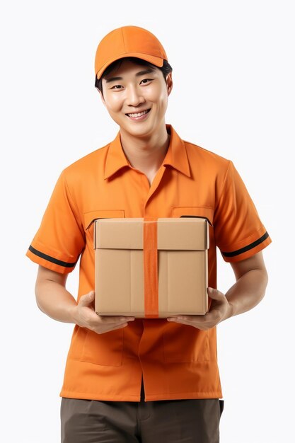 Leuke Aziatische man werknemer van het pakketbezorgbedrijf in oranje uniform