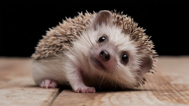 Leuke baby egel close-up op hout met zwarte achtergrond