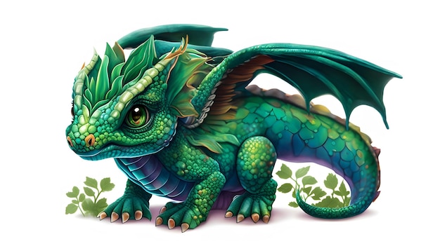 Leuke Baby Green Dragon zit geïsoleerd op witte Generative AI