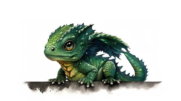 Leuke Baby Green Dragon zit geïsoleerd op witte Generative AI