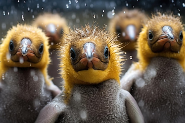 Leuke baby pinguïns in de regen Closeup King Penguin Aptenodytes patagonicus Kuikens in de crèche in de regen AI Generated