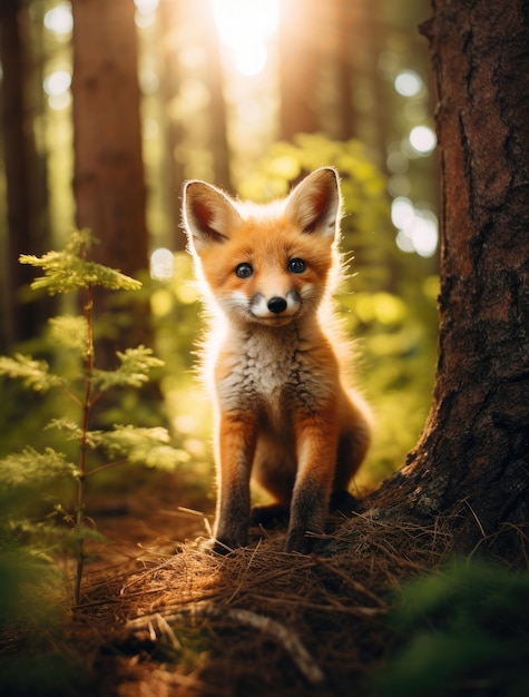 Leuke baby vos in het zomerwoud.