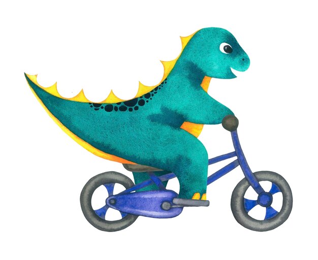 Foto leuke baby waterverf sport dinosaurus op een rode fiets sportapparatuur handgetekende illustratie