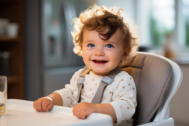 Leuke baby zit in een kinderstoel in de keuken babyvoeding