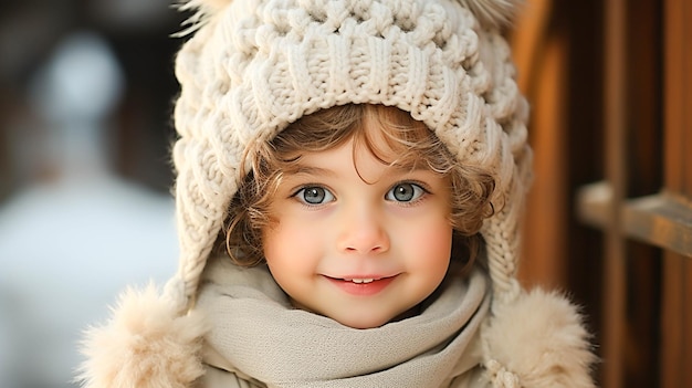 Leuke babyjongen die in de winter glimlacht die een gebreide GLB draagt