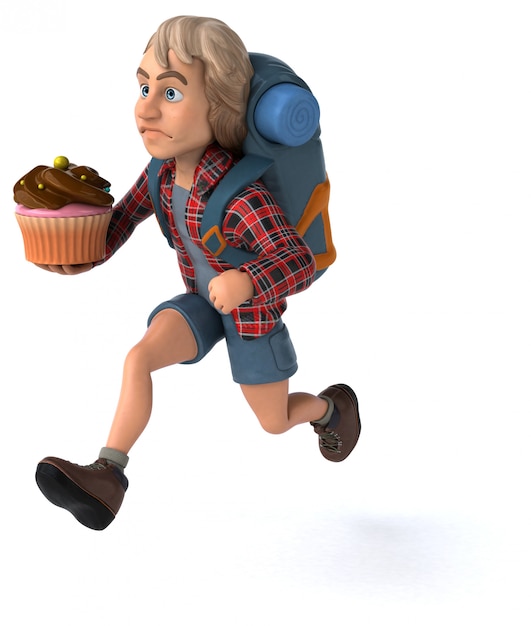 Leuke backpacker cartoon man met cupcake