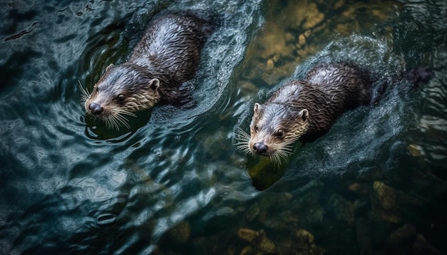 Leuke bever die vis eet in een rustige vijver gegenereerd door AI