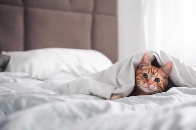 Leuke binnenlandse rode kat die wakker wordt en op een bed ligt onder een witte deken in de slaapkamer met kopieerruimte Generatieve AI