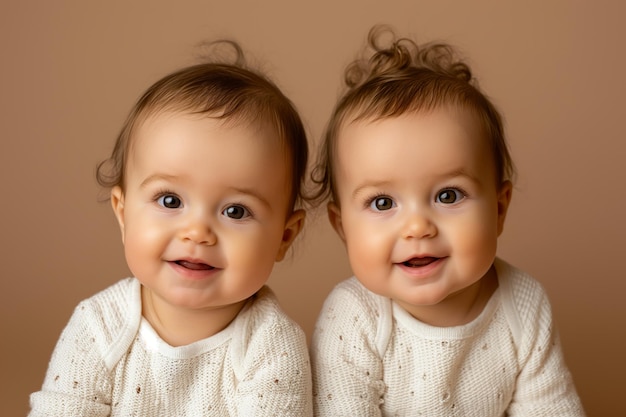 Foto leuke blanke identieke tweeling kleuters tegen een pastelbruine achtergrond