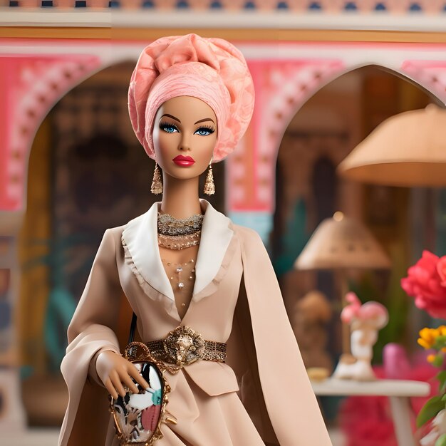 Leuke blonde Barbie die Arabische kleding draagt die tegen Arabische stadsachtergrond wordt gesteld Vooraanzicht