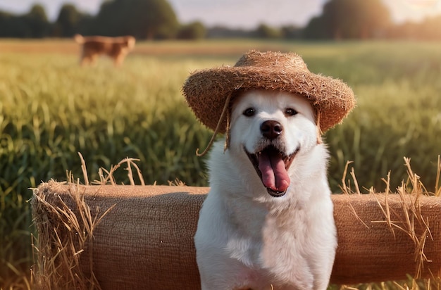 Leuke boerenhond in een strohoed op een boerderij op een zonnige zomerdag