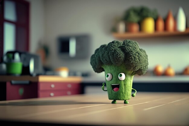 Leuke broccoli zoete glimlach in de keuken 3D renderstijl AI Gegenereerde illustratie