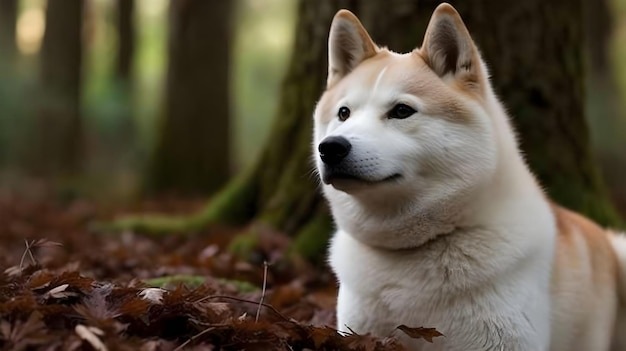 Leuke bruin witte Shiba Inu hond speelt ontspannen en zit in het bos en kijkt naar de achtergrond van de natuur