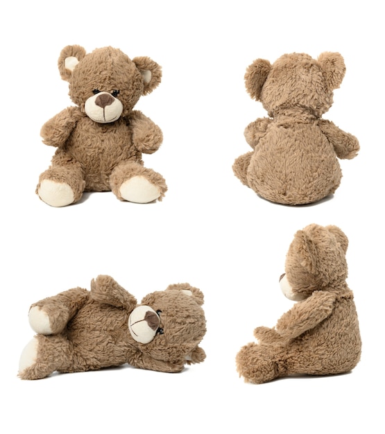 Leuke bruine teddybeer tegen een witte geïsoleerde achtergrond in verschillende poses. Set