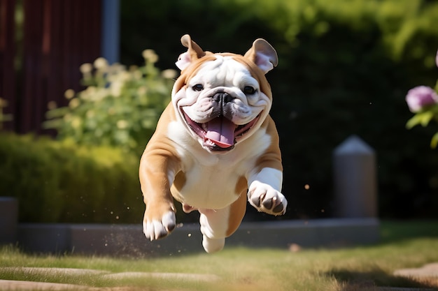 Leuke Bulldog speelt buiten en kopieert ruimte