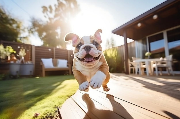 Leuke Bulldog speelt buiten en kopieert ruimte