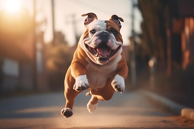 Leuke Bulldog speelt buiten en kopieert ruimte