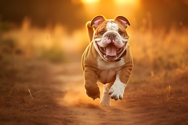 Leuke Bulldog speelt buiten en kopieert ruimte