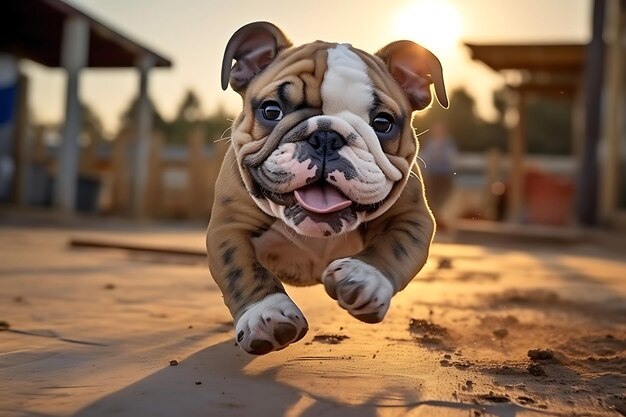 Leuke Bulldog speelt buiten en kopieert ruimte