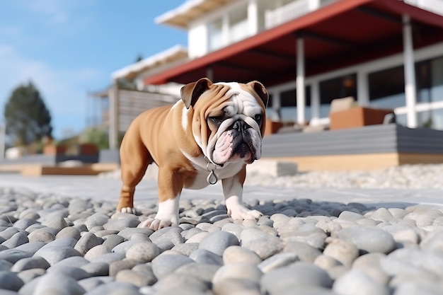 Leuke Bulldog speelt buiten en kopieert ruimte