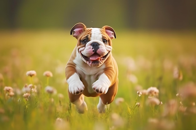 Leuke Bulldog speelt buiten en kopieert ruimte