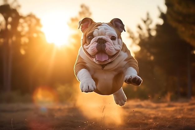 Leuke Bulldog speelt buiten en kopieert ruimte