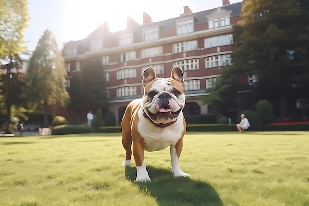 Leuke Bulldog speelt buiten en kopieert ruimte