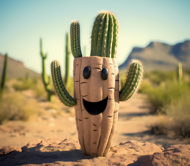 Foto leuke cactus met glimlachend emoticon gezicht in het midden van de woestijn veel cactussen geïsoleerd op wit of zwart