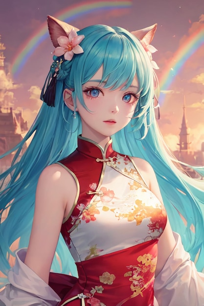 Leuke cartoon anime Chinese stijl cheongsam kostuum mooi meisje behang achtergrond illustratie