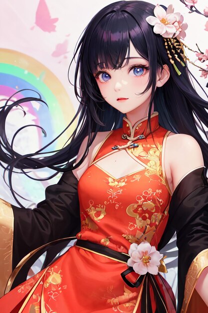 Leuke cartoon anime Chinese stijl cheongsam kostuum mooi meisje behang achtergrond illustratie