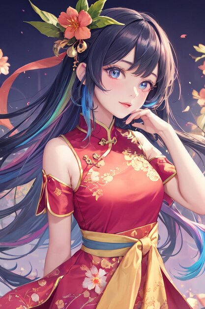 Leuke cartoon anime Chinese stijl cheongsam kostuum mooi meisje behang achtergrond illustratie