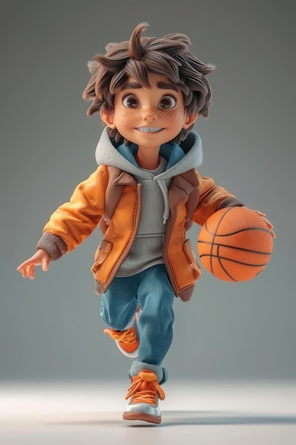 Leuke cartoon atleet jongen speelt basketbal extreme close-up generatieve AI